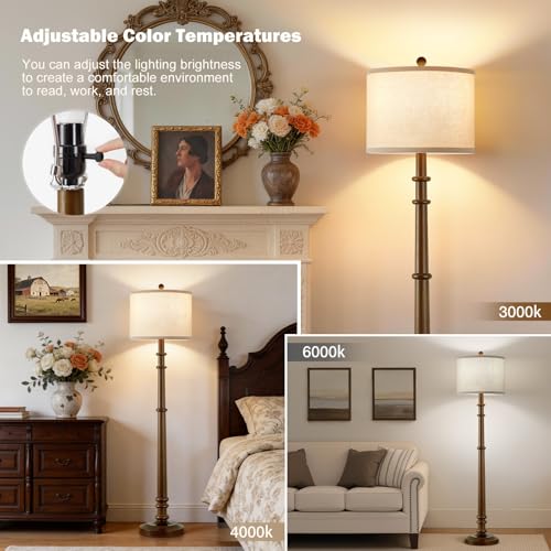 Image of Floor Lamps for Living Room - 60 inch Farmhouse Floor Lamp with Adjustable Color Temperatures - Vintage Standing Lamp Reading Light with Linen Shade Rustic Tall Lamp for Bedroom Office, Wood , Walnut