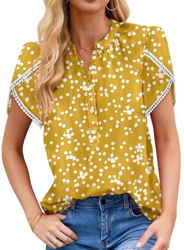 Dokotoo Womens Tops Summer Casual Boho Floral Print Short Sleeve Half Button Down V Neck Chiffon Blouses Shirts3
