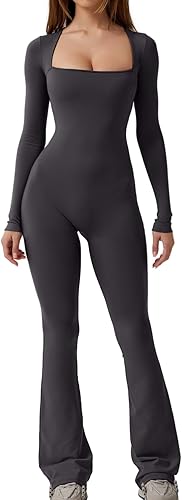 QINSEN Enterizo de manga larga para mujer, cuello cuadrado, pierna ancha, enterizo de longitud completa