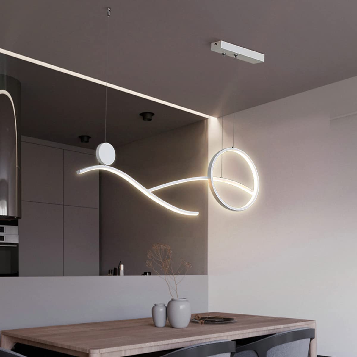 Bellastein LED Dining Table Pendant Lamp with Remote Control Dimmable Chandelier Modern Linear Pendant Lamp Height Adjustable 48W Creative Ceiling Lamp for Living Room, Dining Room (White, C)