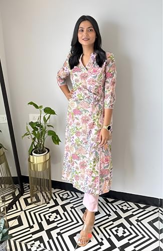 Image of LookMark Women's Cotton Blend Trendy Regular Fit Solid Printed Kurti with Stright Bottom |Kurti Set for Women