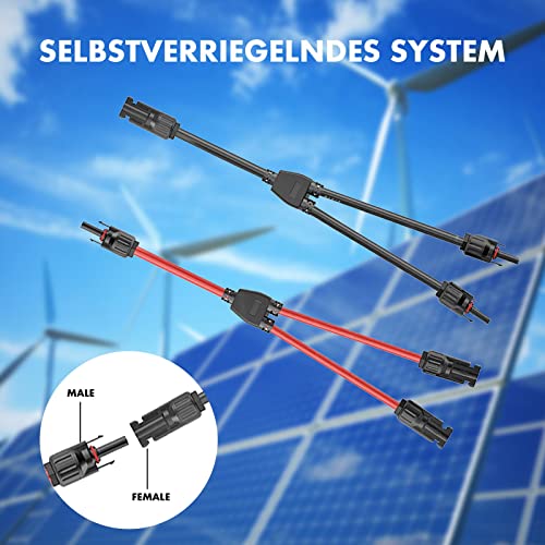 Solarkabel Y-Verteiler, Solar Abzweigadapter Solar PV Paralleladapter (1 bis 2), Solarpanel Kabel Y Abzweig Parallelverbinder MMF+FFM für Parallel Photovoltaik Anschluss, 1 Rot +1 Schwarz