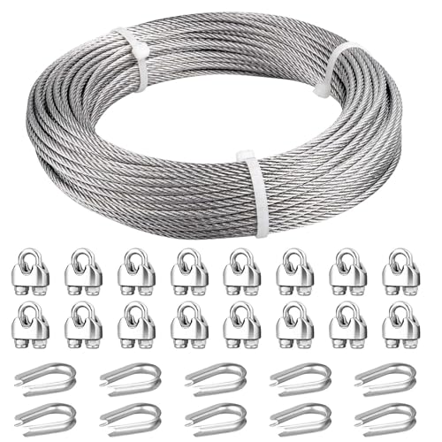 4PCS Tensores Quijada 1/4" (M6) Acero Inoxidable 304, Cable de Acero 3/16" de 100 pies con Abrazaderas y Cabezales miniatura 3