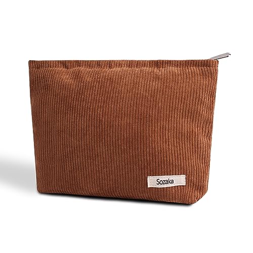 Cosmetic Bags for Women - Corduroy Cosmetic Bag Aesthetic Women Handbags Purses Smile Dots Makeup Organiser Storage Makeup Bag Girls Gift, Pure Brown, Kawaii Cute Corduroy Cosmetic Bag for Women