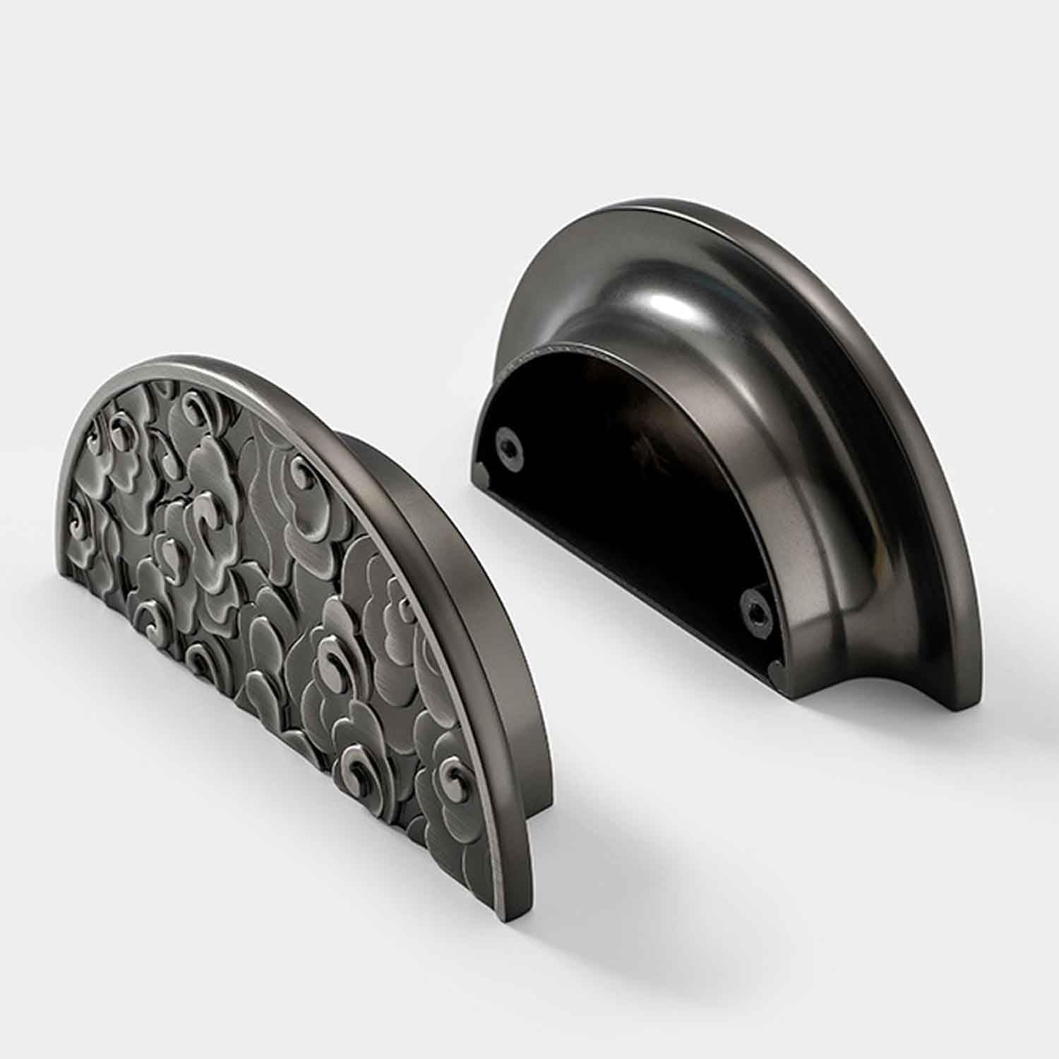 2PCS Antique Half Moon Cabinet Pulls, Zinc Alloy Kitchen Cabinet Pulls Gold Drawer Dresser Handles Semicircle Pulls New Chinese Auspicious Pattern Unique Cabinet Hardware (Silver)