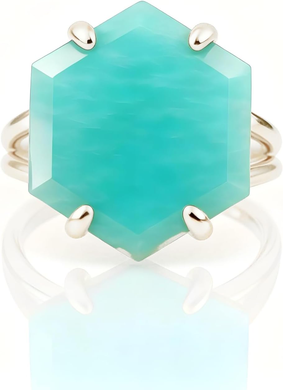 Sterling Silver Amazonite Ring – Hexagon Cut Sky Blue Stone – Handmade Natural Gemstone Solitaire for Women – Modern Cocktail Jewelry