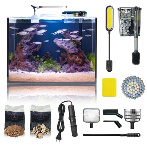 5 Gallon Small Aquarium Set Glass Fish Tank 6 Gallon, Starter Kit with Heater Self Cleaning System Filter Bright Light Rocks Gravel Cleaning Tool, Leak-Proof Clear Rimless Betta Plants