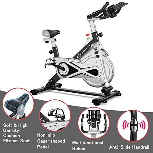 Goplus Adjustable Exercise Bike, Stationary Silent Belt Drive Bicycle, Dual-Spring Shock Absorption Design, Cup/Phone Holder And Electronic Display, Indoor Cycling Bike, 22 Lbs Flywheel (Black) #TOP4