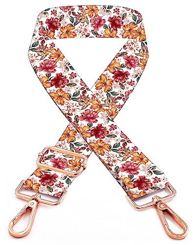 Image of Purse Straps Rose Gold Buckles Wide Shoulder Strap,Fashion Adjustable Replacement Belt for Crossbody Canvas Bag Handbag(orange red flower)