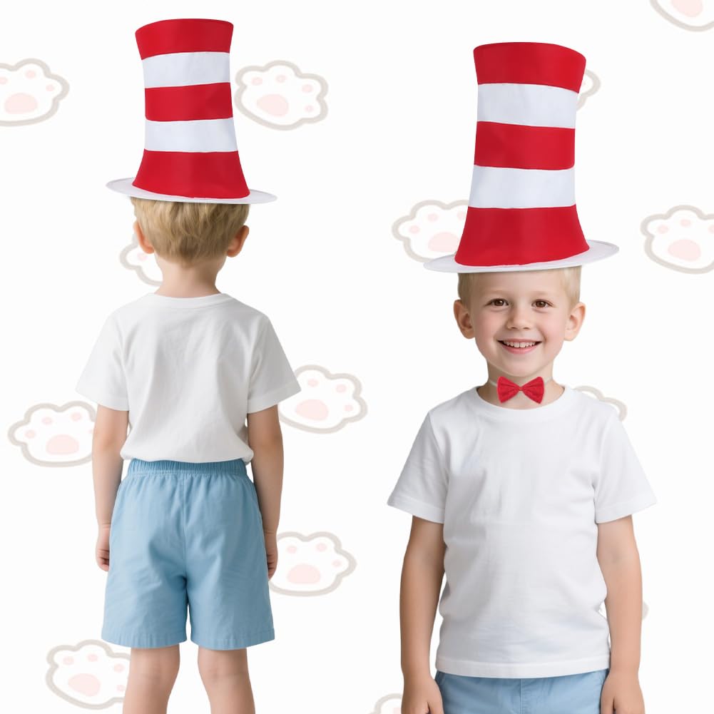 AUYAO Kostium kota dla dzieci, kostium szalonego kota, kostium The Cat In The Hat kostium Grinch kostium dla dzieci, w paski, czerwony kapelusz, czerwona muszka, białe rękawiczki, ogon kota, kostium