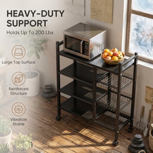 Image of COMFYHOME Kitchen Organizer Rack Shelf with Wheels - Adjustable 4-Tier Microwave Stand with Storage Shelves, Storage Rack with 3 Wire Baskets, Microwave Stand, Metal Kitchen Cart for Pantry
