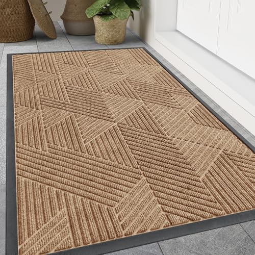 Image of Smiry Front Door Mat Outside Entrance, Heavy Duty Sturdy Natural Rubber Doormat, Trap Dirt and Moisture, Easy Clean Low Profile Mats for Indoor Outdoor Entry, Irregular Triangle (71x47, Coffee)