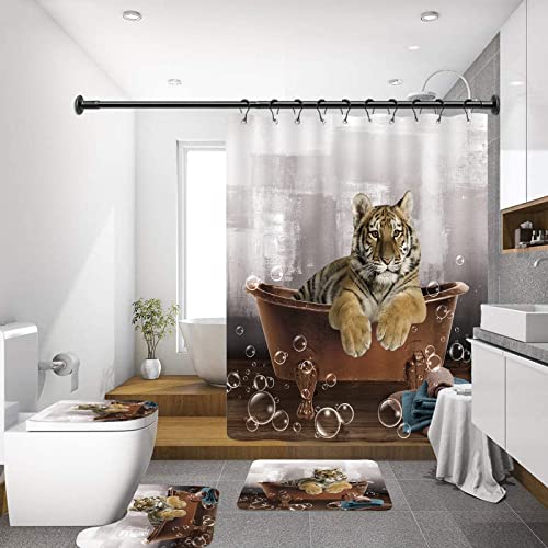 Guassi 4 Pcs Tiger Shower Curtain Sets With Rug,Cute Animal Bathtub Tiger Print Bath Curtains With 12 Hooks，Bathroom Curtains Shower Set Toilet Mat Lid Rug Bathroom Sets Shower Curtain Sets，72"X72" #TOP2