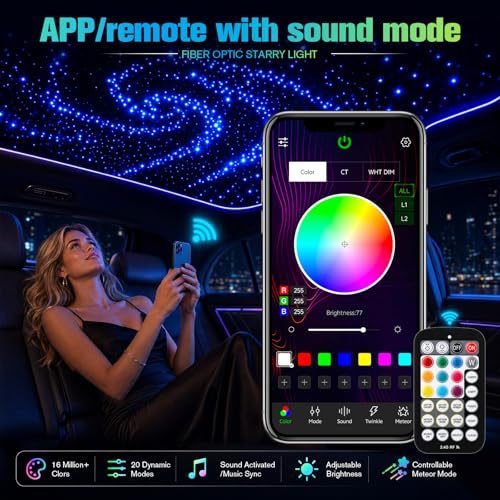 Image of CHINLY 2-in-1 Meteor Twinkle 549pcs Starlight Headliner Kit 9.8ft 0.03in Starlights RGBW Fiber Optic Lights+96pcs Shooting Stars, APP+Remote Control Star Headliner Kit, Car Star Lights for Car Roof