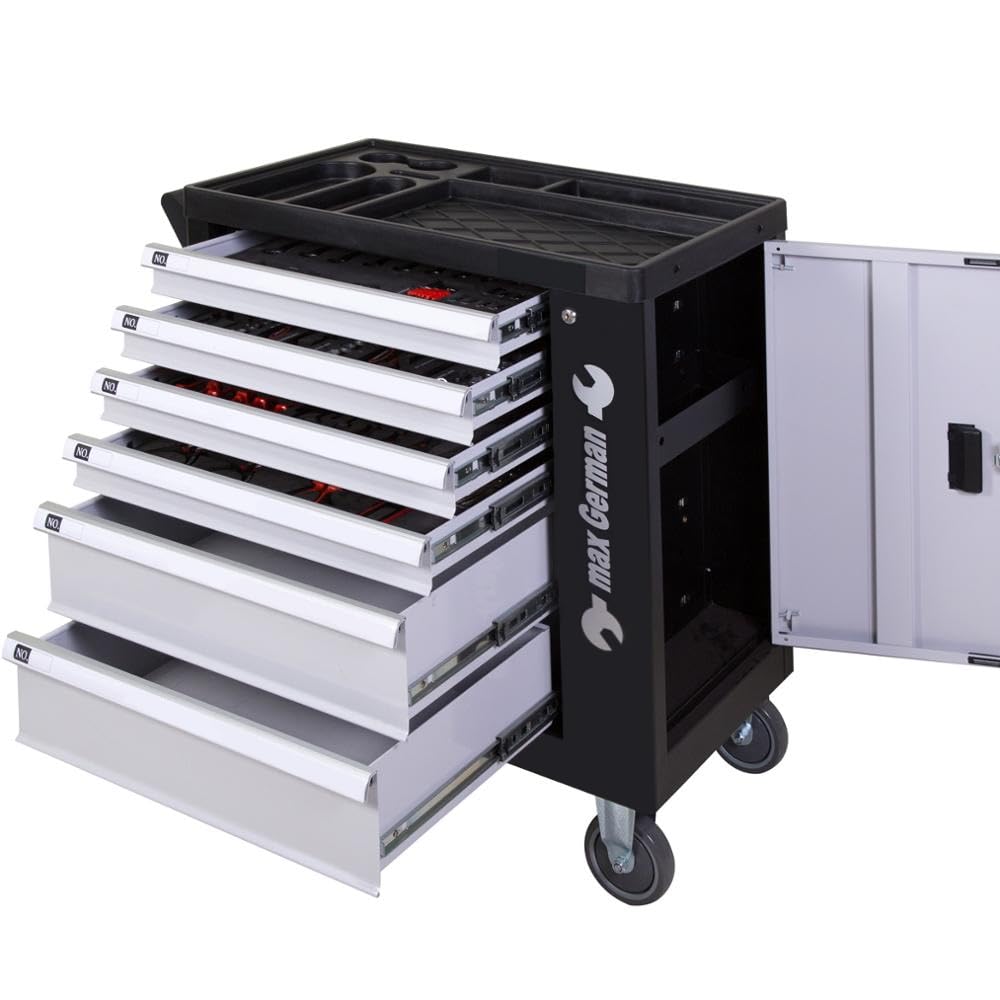 GrecoShop Carrello Attrezzi Portautensili Officina 428 Utensili 6 Cassetti Chiusura a Chiave Organizer Ruote Struttura Rinforzata Carbon Look