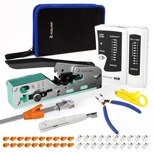 VCELINK Netzwerk Werkzeug Set, RJ45 Crimpzange mit 20 x RJ45 Stecker Cat6a Pass Through, Netzwerktester, Mini Abisolierzange, LSA Auflegewerkzeug, Profi RJ45/RJ11/RJ12 Reparaturwerkzeuge, Stofftasche