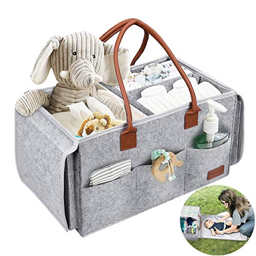 Image of PAPERKIDDO Baby Diaper Caddy Organizer with Changing Table, 2 in 1 Portable Felt Nursery Storage Bin and Car Organizer for Diapers, Baby Wipes and Toys