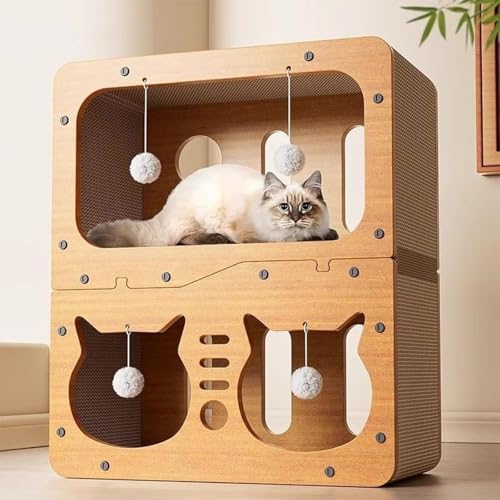 VivaPetal 猫 爪研ぎハウス 木製 多機能 大きいサイズの二重層 耐久性 高密度 猫 ダンボールハウス 爪研ぎ 隠れ家 遊び場 2段 可愛い 四季対応 家具傷防止 運動不足改善 ストレス解消 猫 爪研ぎ 段ボールハウス ベッド 箱 隠れ家 組み立て
