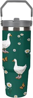 Geese Butterflies Daisies Tumbler with Handle And Straw 30oz Flip Straw Stainless Steel Insulated Tumblers Travel Coffee Cup Mug Water Bottle, Fits in Car Cup Holder
