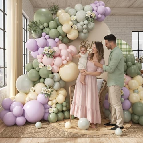 Image of Pastel Balloon Arch Garland Kit 154pcs, Double Stuffed Light Green Sage Green Purple Yellow Macaron Pink Balloons Arch Kit for Wildflower Baby Shower Wedding Birthday Party Decorations