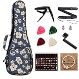 MUINS Estojo para ukulele, bolsa para ukelele de concerto soprano tenor, 53, 60, 26, com bolsa, capo, 4 palhetas e cordas e enrolador de cordas, alça e adesivos, escolha de presente Uke (flor azul, 53