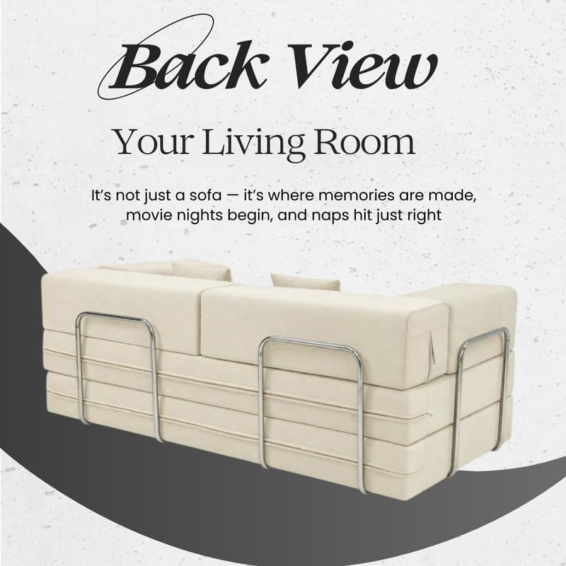Image of Adorn India Easy Premium Modular 4 Seater Sofa Cum Bed | Velvet Suede Fabric | Colour Cream | Modern Design | Size 6x6 Fit | Comfortable for Seat & Sleep | Washable Cover | Perfect for Home & Office