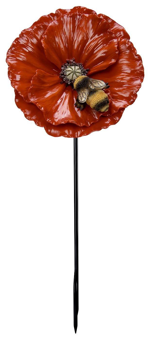 Vivid Arts Red Poppy with Bee on Stem – Decorative Garden Stake Ornament | Indoor & Outdoor Plant Décor