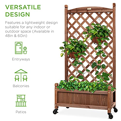 Best Choice Products 60In Wood Planter Box & Diamond Lattice Trellis, Mobile Outdoor Raised Garden Bed For Climbing Plants W/Drainage Holes, Optional Wheels - Walnut #TOP5