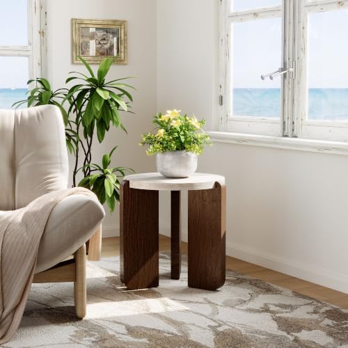 COSIEST-177-Mini-Round-Side-Table-Faux-Marble-Cream-Brown COSIEST 17.7" Mini Round Side Table, Faux Marble, Cream & Brown - Image 1