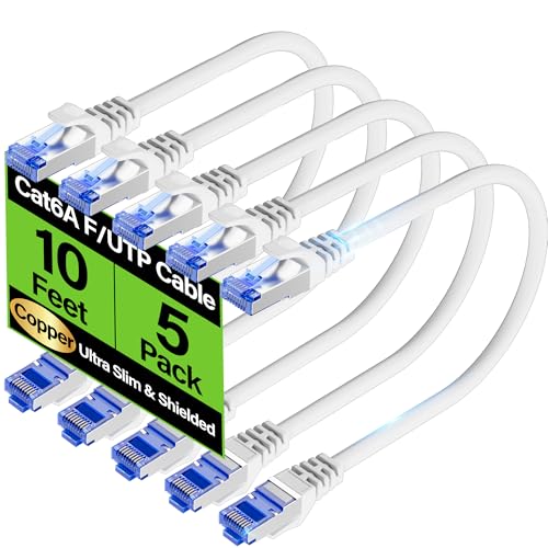 Image of Cat6A Ethernet Cable Shielded 10Gbps 10 ft (5 Pack), Slim Shielded (F /UTP) Ethernet Cable Cat 6, Flexible 28AWG Bare Copper Cat6 Cable, Space-saving Cat 6a Network Cable for Server, Data Center, White