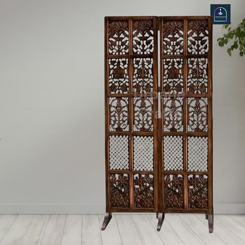 Image of Wooden Room Partition /Screen /Room Divider /Room Separator Burnt Wood Finish (Hand Buffing) Frame Traditional Handicrafts 6Ft Height (2 Panel with Stands)