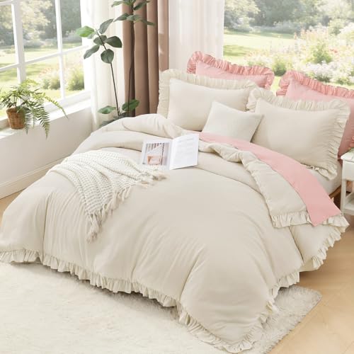 Image of Litanika Comforter Full Size Set Beige, 3 Pieces Ruffle Lightweight Bedding Comforter Set, Fluffy Bed Set (79x90In Comforter, 2 Pillowcases)