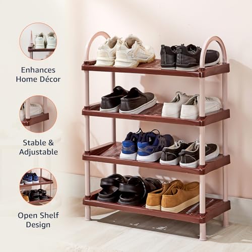 Image of Amazon Basics Multipurpose Plastic Shoe Rack | Durable, Space-Saving & Easy to Assemble Organizer | Brown (Large, 65.7 cm x 27.5 cm x 83 cm)