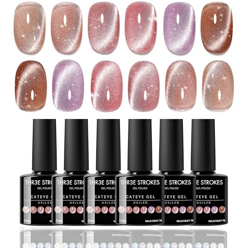 Image of THR3E STROKES Cat Eye Gel Nail Polish Set for Pink Brown Glitter Holographic Cat Eye, Salon Gel Manicure and Nail Art DIY at Home, Bright Moonlight (MILKYWAY)