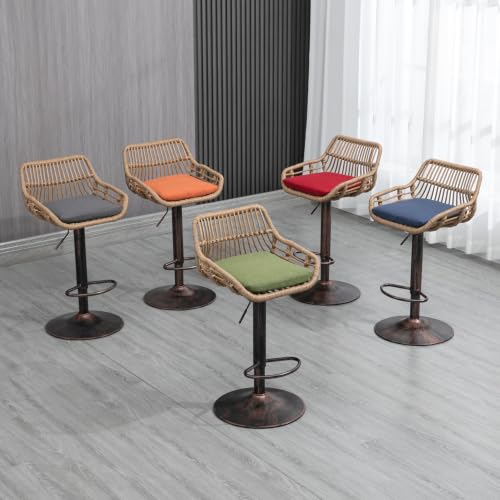 Butacos giratorios de ratán PE, ajustables en altura, set de 2 unidades, con respaldo tejido y asiento tapizado, estilo retro, color naranja miniatura 7
