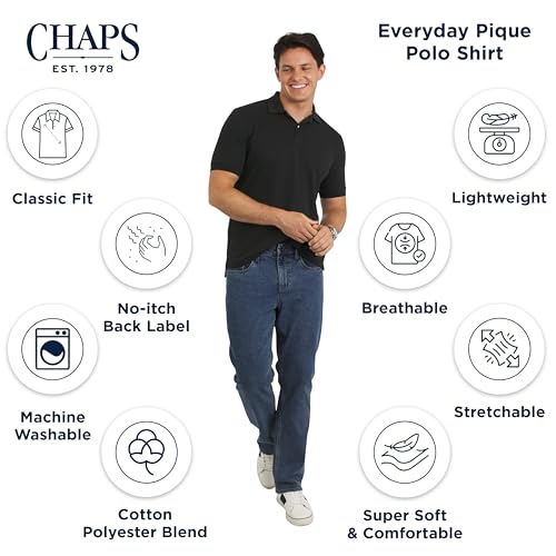 Chaps Men\'s Everyday Casual Classic Fit Stretch Pique Polo Shirt, American Black, Medium