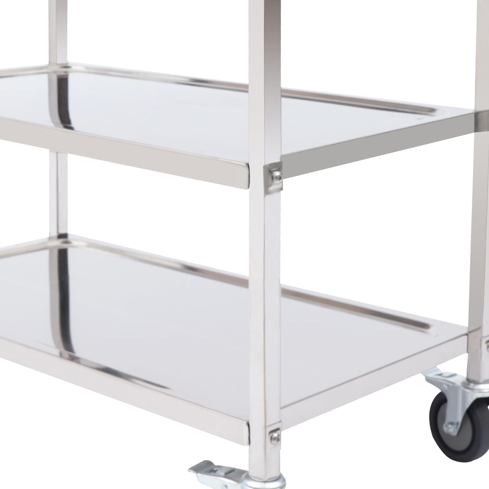 Carrello di Servizio in Acciaio Inox con 3 Bordi, Carrello da Cucina su Ruote con Freno di stazionamento e 4 rotelle, Carrello Commerciale per la ristorazione, 85 x 45 x 90 cm