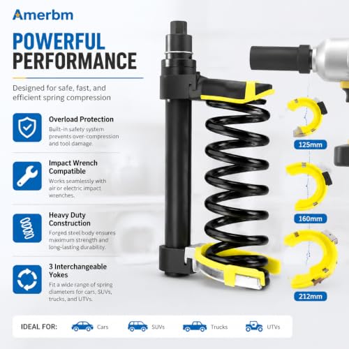 Image of Heavy Duty Macpherson Strut Spring Compressor Tool - Impact Wrench Compatible, Coil Spring Extractor Kit with Overload Protection & Safety Guard, 3 Interchangeable Forks for Car & UTV