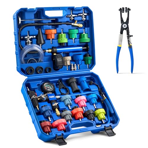 Orion Motor Tech Coolant Pressure Tester Kit, 34pc Universal Coolant Vacuum Refill Kit with 23 Adapters, Cooling System Pressure Tester Kit with Hose Clamp Pliers, Pressure Tester for Coolant System