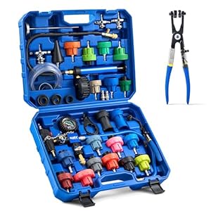 Orion Motor Tech Kit de probador de presión de refrigerante, kit de recarga universal de vacío de refrigerante de 34 piezas con 23 adaptadores, kit de probador de presión del sistema de enfriamiento