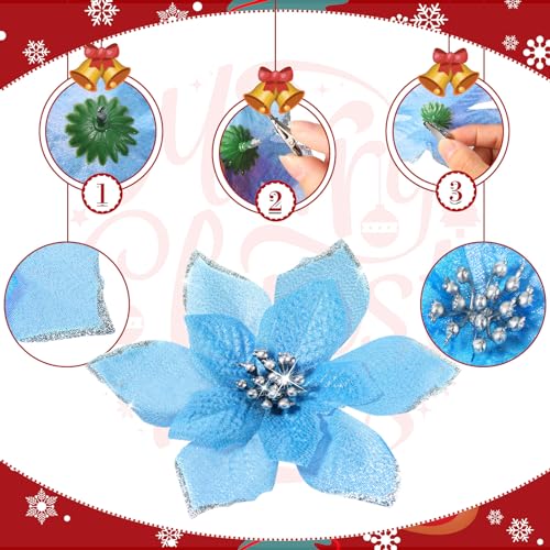 36 Pcs 3 Size Christmas Poinsettia Tree Flowers Glitter Faux Flowers Decoration Artificial Poinsettia Ornaments For Christmas New Year Home Outdoor Decoration (Lake Blue - Image 3