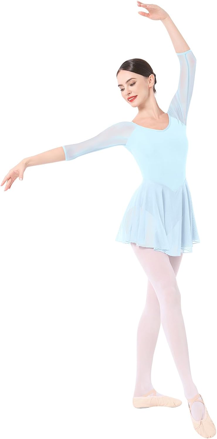 IBAKOM Ballet Leotards Dress for Women 3/4 Mesh Sleeve V Neck Scoop Back Gymnastics Leotard Slim Fit Ballerina Dance Leotard
