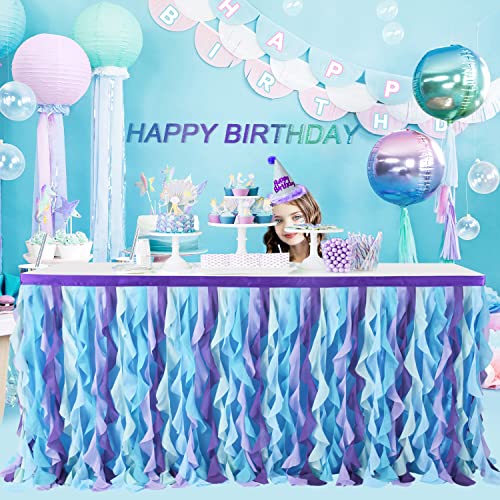 Co-Ave Mermaid Tulle Table Skirt Curly Willow Tutu Baby Shark Tablecloth 6Ft Ruffle Table Skirt For Under The Sea Birthday Party Baby Shower Rectangle Round Tables Decoration #TOP6