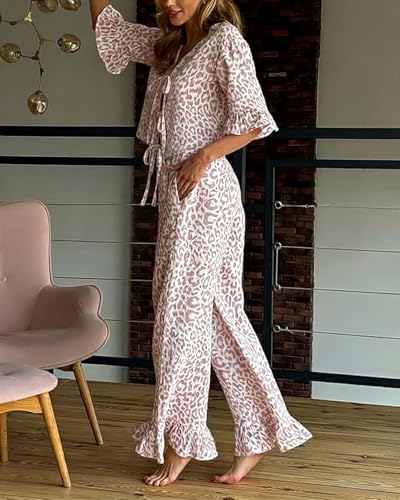 Image of codcm Womens Cotton Pajama Set Ruffle 2 Piece Tie Front Shirt and Long Pants Cute Printed Sleepwear