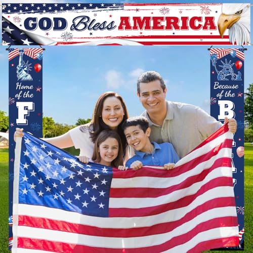 Image of AIBIIN God Bless American Decorations for 4th of July Memorial Day Porch Sign BannersPatriotic Decoration Hanging Banner Independence Day Veterans Day Hanging Banner for Yard Indoor Outdoor