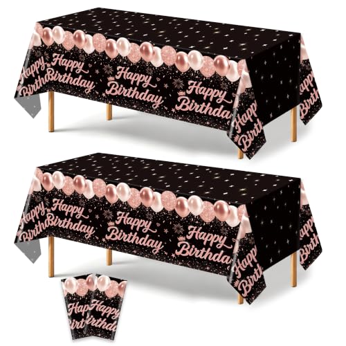 Image of 2 Pack Black and Rose Gold Happy Birthday Tablecloths, 54 x 108 Inch Covers | Rose Gold Birthday Party Decorations for Women, Girls and Teens, Ideal for Cake, Dessert, Gift and Buffet Tables