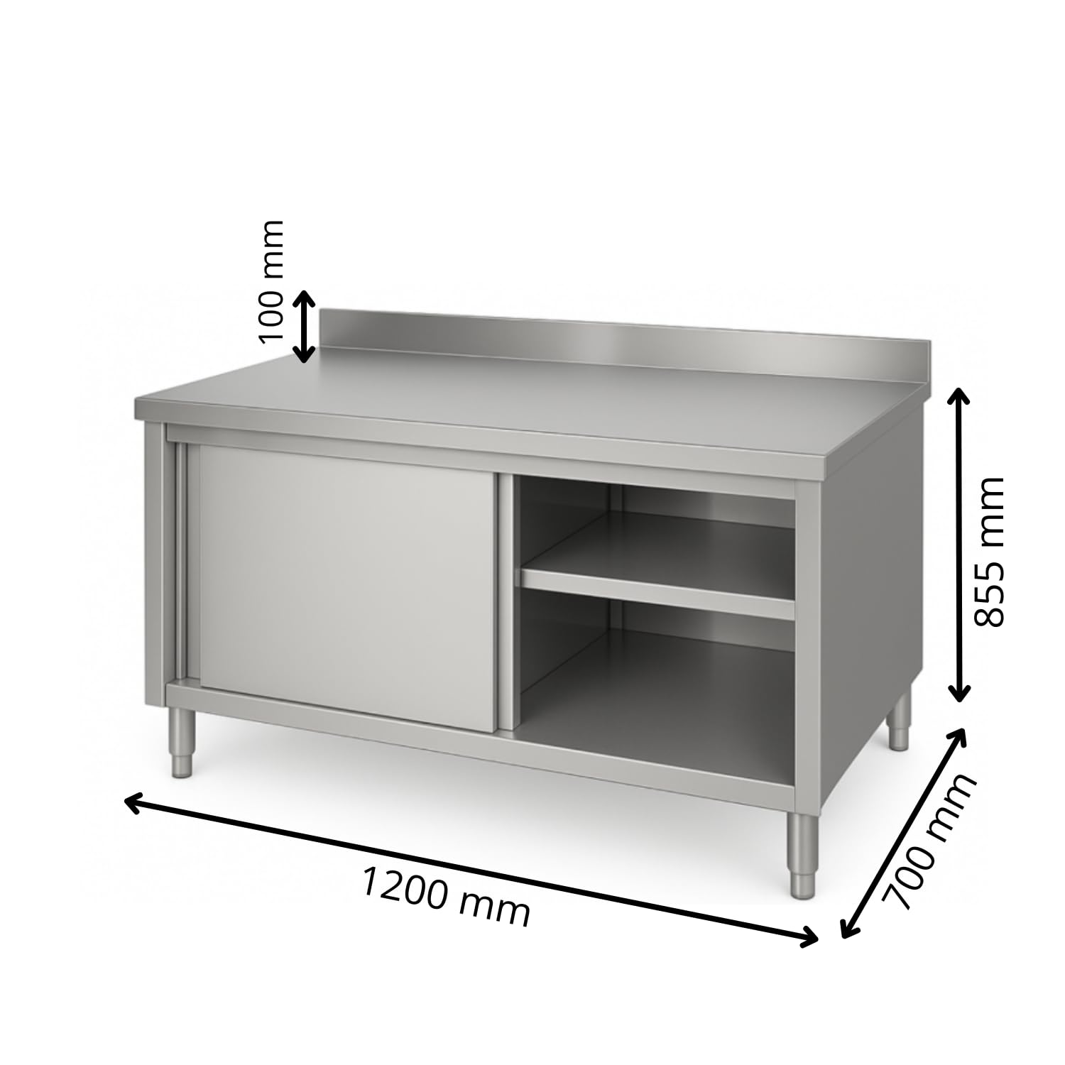 Générique Meuble Neutre adossé INOX Professionnel – 1200 mm – Profondeur 700 mm – dosseret Amovible – Portes coulissantes