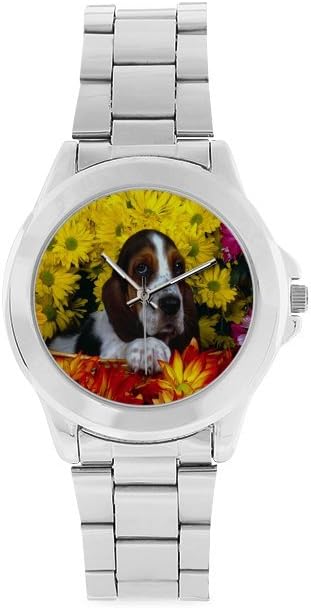 Christmas Gifts/Thanksgiving Day Gifts Basset Hound Dogs and Flowers Unisex Stainless Steel Watch