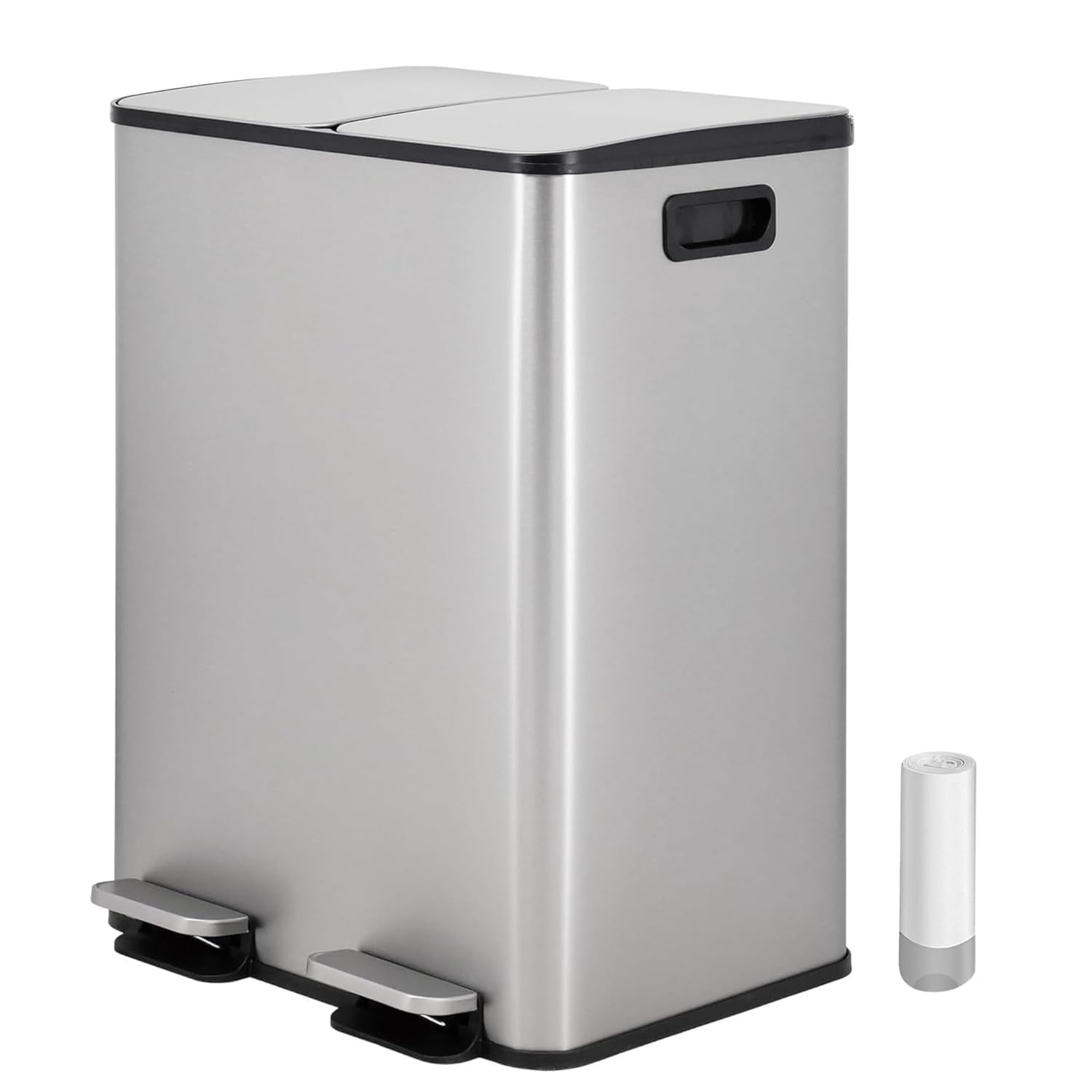 Vidacharmy -Recycling Bin, Double Bin, Anti-Fingerprint Stainless Steel, with Soft-Close Lid and Pedal, Includes 20 Bin Bags, Separate Compartments for Recycling and Trash (2x30L)