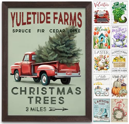 Farmhouse Wall Decor for your Home - 12x16 Rustic Wood Frame with 14 Interchangeable Sayings for the 4 Seasons, Christmas, Easter, Thanksgiving & July 4